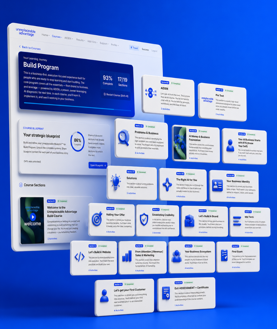 Build Program overview — 19 sections tracking toward your first customer